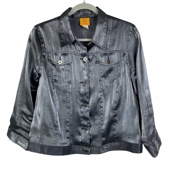 Ruby Rd. Metallic Button Down Shirt Women's 12 Gray Shiny 3/4 Sleeve Button Cuff - Picture 8 of 9